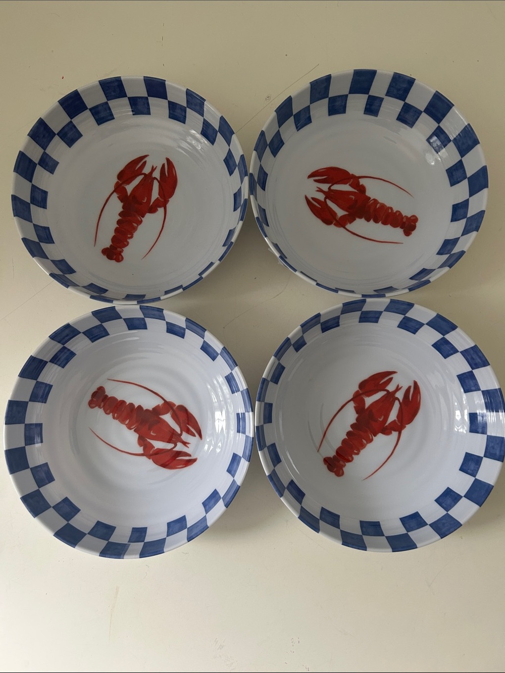 4 NEW Blue & White Lobster Pasta Bowls Melamine  - Red Lobster Motif